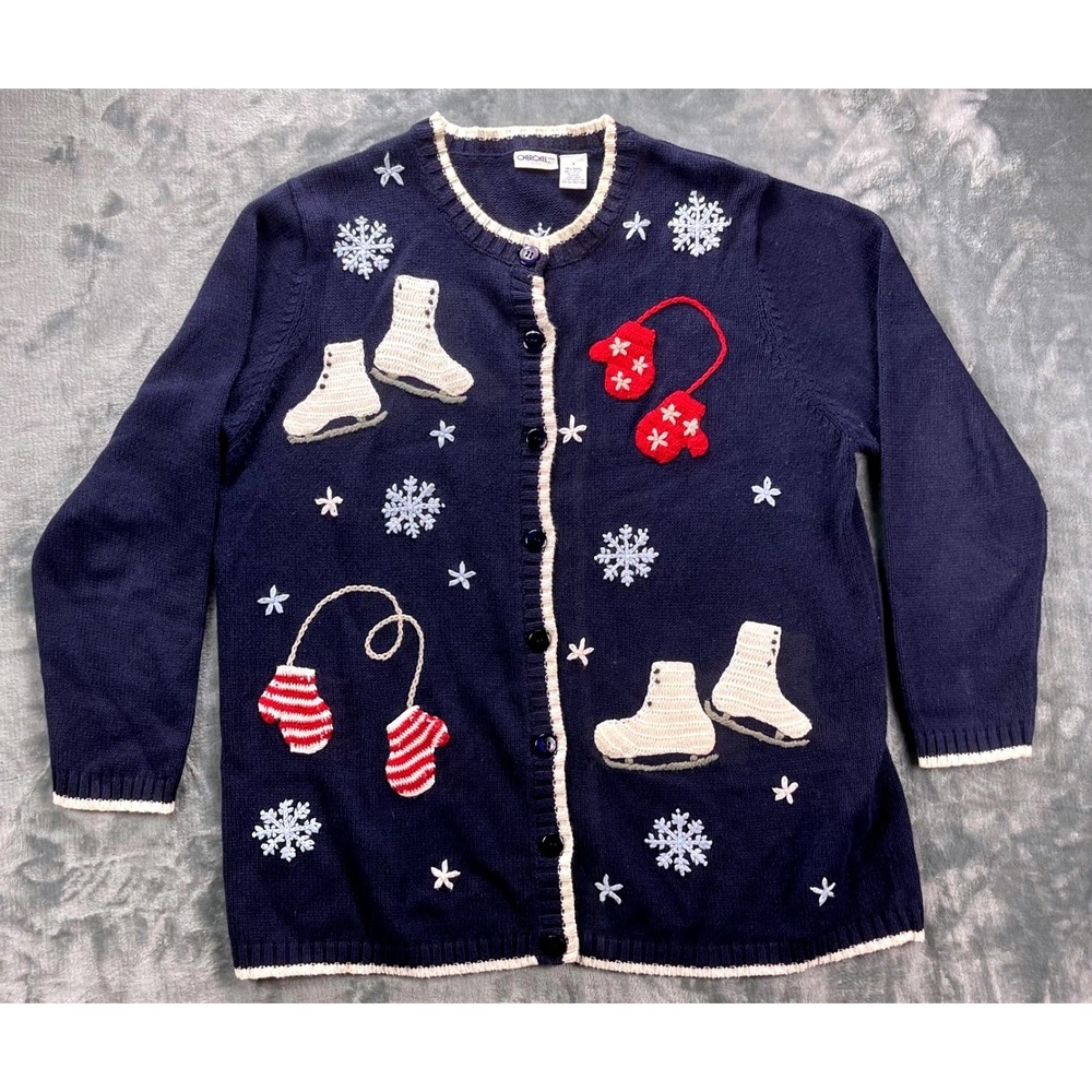 Cherokee Cardigan Sweater Womens XL Navy Blue Ice Skates Mittens Winter Knit
